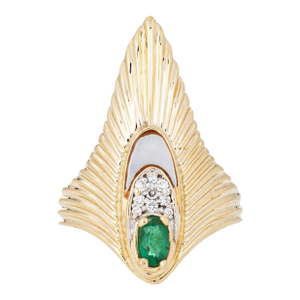 Erte Peacock Rayonnement Ring LTD Edition Emerald Diamond Vintage 14k Gold, Size 7.5