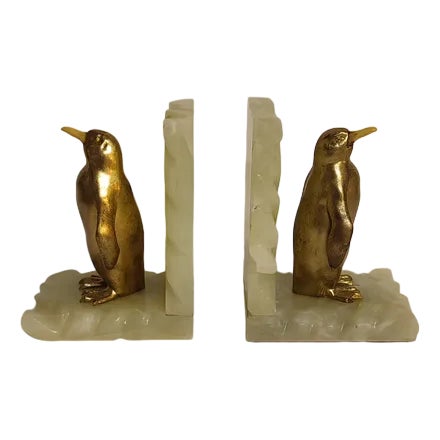 Onyx and Penguin Bookends in Gilt Metal, Spain, 1960s, Set of 2 For Sale