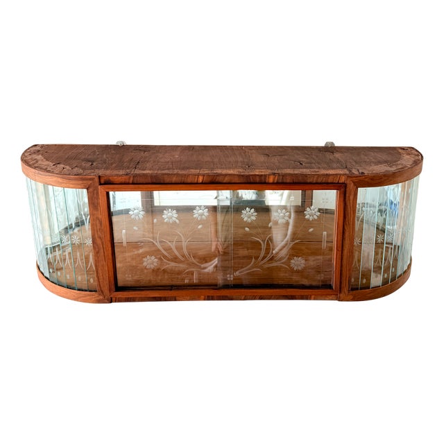 Art Deco Style Wall-Mounted Display Cabinet with Floral Engraving, 1950s For Sale