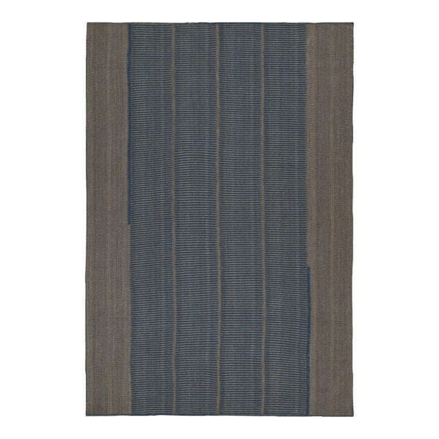 Rug & Kilim’s Contemporary Kilim in Blue and Gray With Stripes & Brown Accents For Sale
