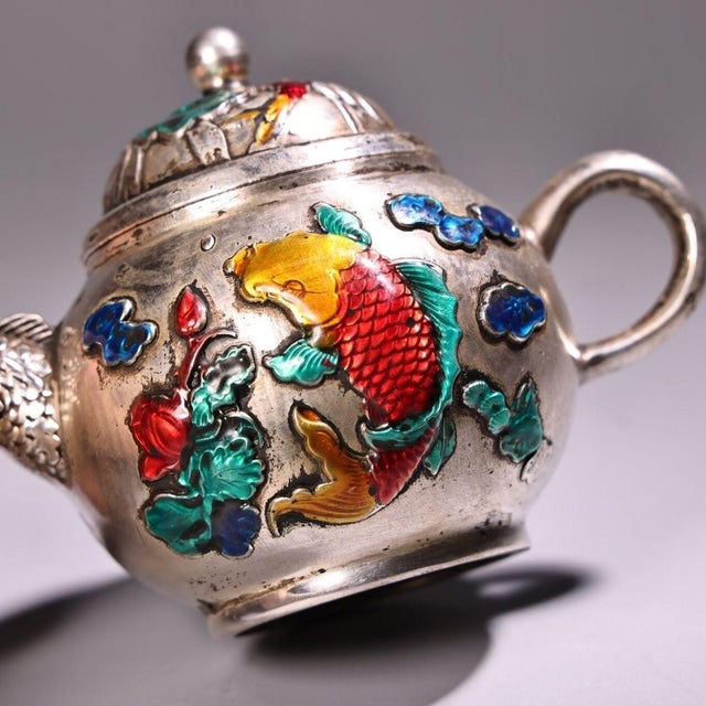 Late 19th Century Asian Silver-Plated Enamel Teapot With Fish Motif For Sale - Image 10 of 10
