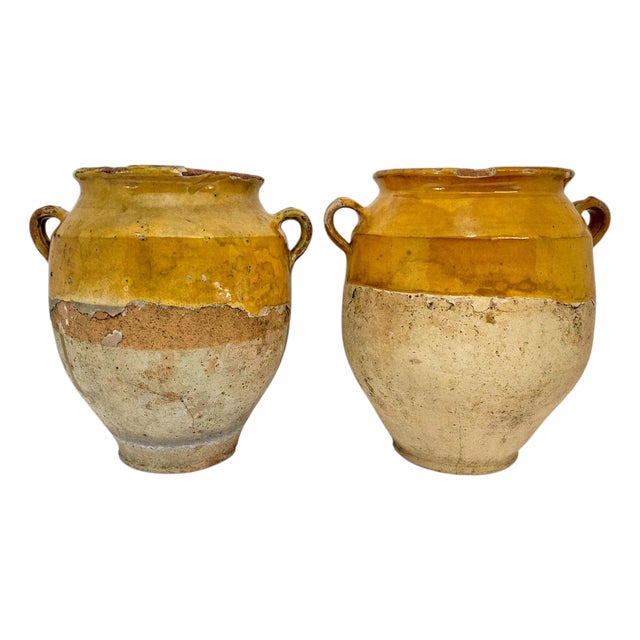 19th-Century Southern French Yellow-Glazed Terracotta Confit Pots - Pair For Sale