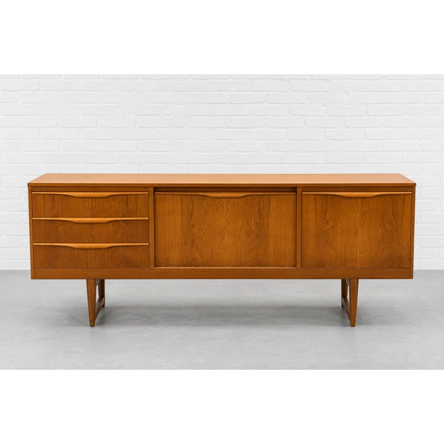 Mid Century Modern Teak Sled Leg Credenza | Scandinavian Sideboard | Danish Modern Buffet Cabinet, Made in England, C. 1960’s For Sale - Image 4 of 12