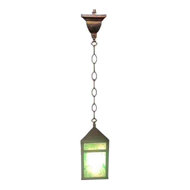 1920s Mission Pendant Light With Green Slag Glass For Sale