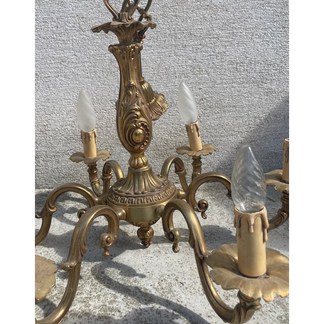 Gold Louis XV Two Brass Chandeliers with 5 and 6 Branch, 1890s, Set of 2 For Sale - Image 8 of 10