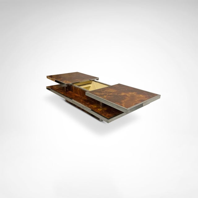 Hollywood Regency Sliding Two-Tier Burl Wood and Metal Coffee Table with Integrated Bar, 1980s For Sale - Image 3 of 9