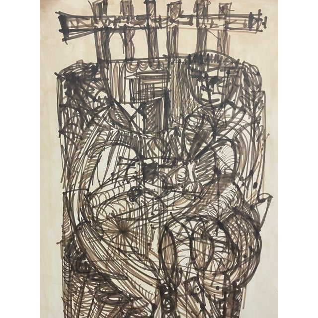 Vintage Abstract Figurative Ink Drawing on Paper, Signed Modernist Expressionist Artwork. For Sale - Image 9 of 10