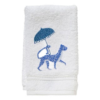 Blue Leopard and Umbrella Terry Guest Towel, Embroidered For Sale