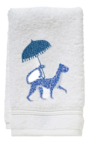 Blue Leopard and Umbrella Terry Guest Towel, Embroidered