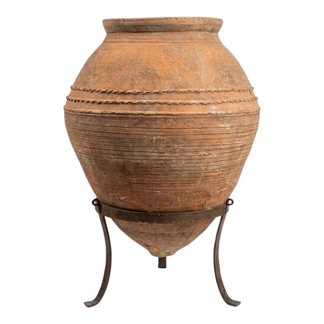 1930s Greek Terracotta Pithos Olive Oil Jar on Wrought Iron Stand For Sale