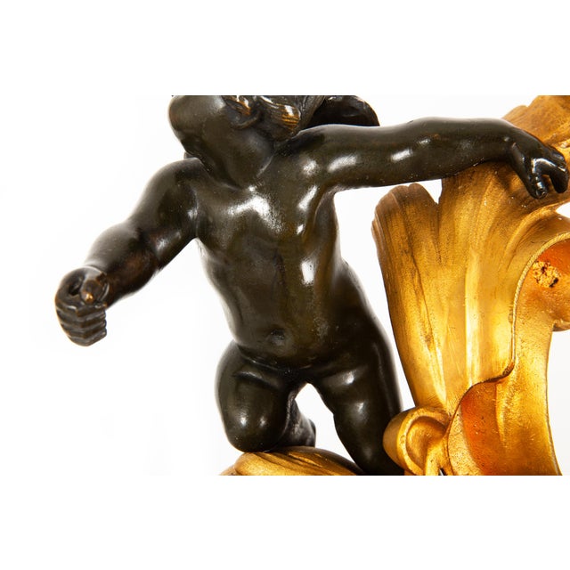 Metal 19th Century Pair Louis XV Style Bronze Fireplace Chenets With Putto Sculpture For Sale - Image 7 of 18