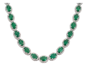 Certified 22.11Ct Emerald & 4.69Ct Diamond Halo Tennis Necklace in 14k White Gold