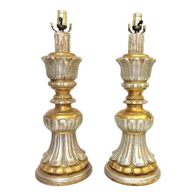 Vintage Italian Fluted Wood Silver and Gold Gilt Lamps- a Pair For Sale