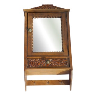 Small Wooden Apothecary Wall Cabinet with Mirror, Carved Floral Details and Drawer, 1940s For Sale