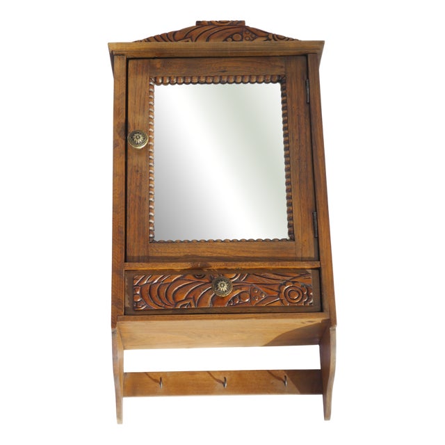 Small Wooden Apothecary Wall Cabinet with Mirror, Carved Floral Details and Drawer, 1940s For Sale