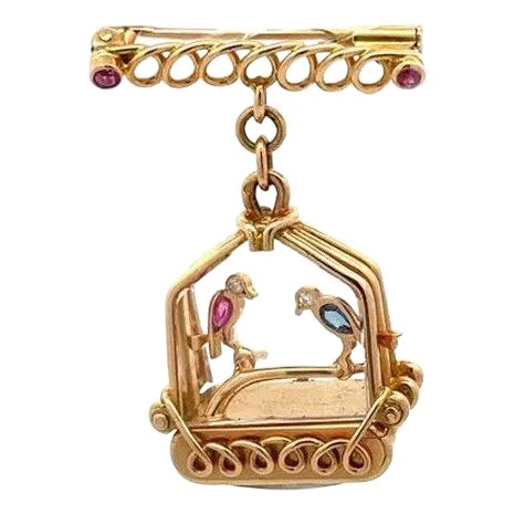 Diamond & Gems 18k Rose Gold Bird Cage Dangle Watch Fob Brooch For Sale