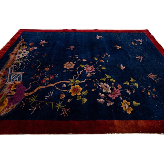 1920s Antique Art Deco Chinese Handmade Floral Blue Wool Rug For Sale - Image 5 of 13