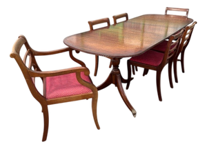 Mahogany Extending Dining Table and Chairs with Brass Castors, Set of 7