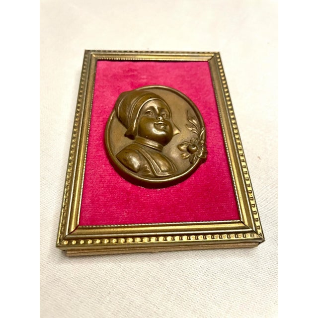 Renaissance Vintage Renaissance Dutch Girl Brass & Red Velvet Cameo in Repousse' Style For Sale - Image 3 of 10