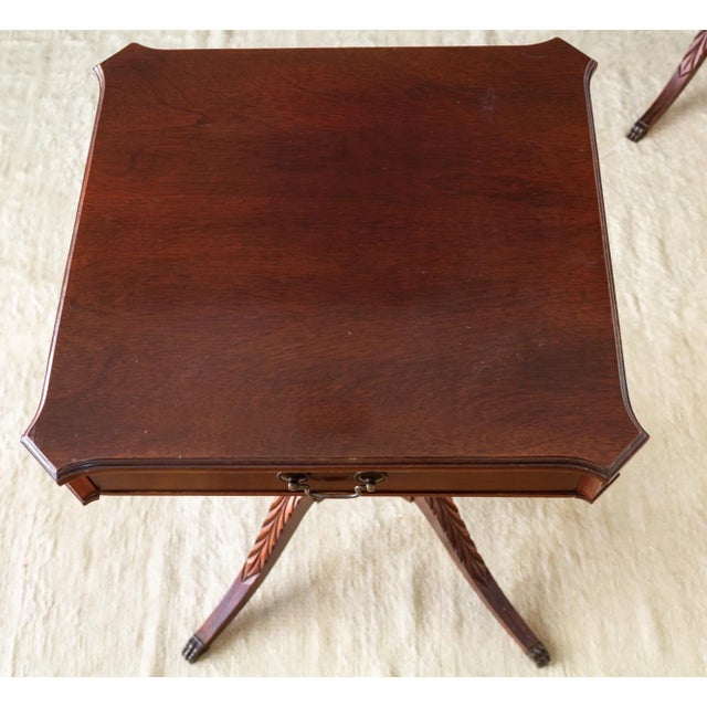 Set of Mersman Harp and Lyre Mahogany SideTables With Brass Feet and Drawers For Sale - Image 15 of 17
