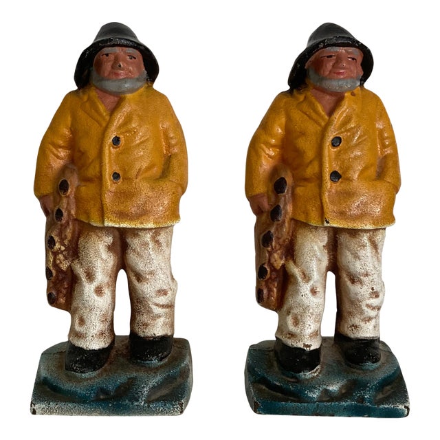 Vintage “Old Salt“ Gloucester Fisherman Cast Iron Doorstops/Bookends For Sale