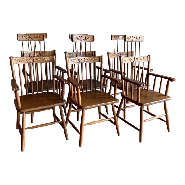 Vintage Antique Rock Maple High Back Spindle Bobbin Heirloom Storybook Hand Carved Birds and Flowers With Initials Dining Chairs Armchairs- Set of 6 For Sale