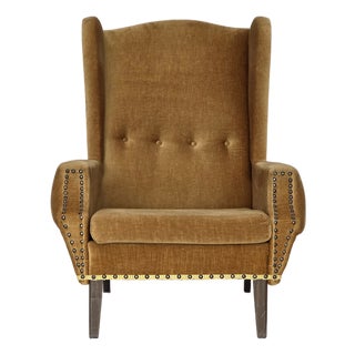 Danish High Back Armchair in Furniture Velour and Oak Wood Legs, 1970s For Sale