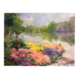 "Lakeside Scene" Oil on Canvas Signed Marion Saltzman For Sale