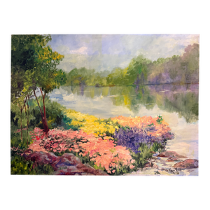 "Lakeside Scene" Oil on Canvas Signed Marion Saltzman
