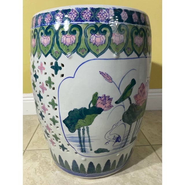 Hand-Painted Chinese Ceramic Garden Stool / End Table - Lotus & Waterfowl Design For Sale In Miami - Image 6 of 15