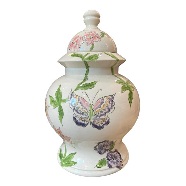 Italian mid century Ginger jar. white with pretty pastel painted birds, butterflies, flowers a la Gracie or De Gournay....