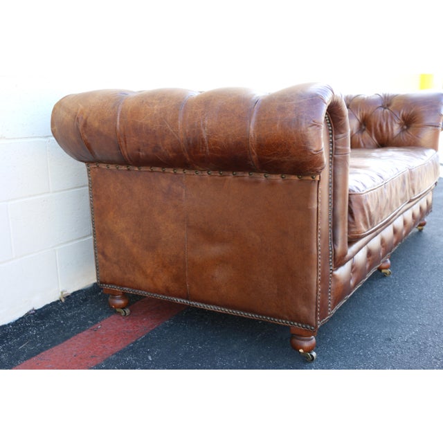 Brown 21st Century English Chesterfield Sofa by Restoration Hardware in Aged Brown Leather For Sale - Image 8 of 18