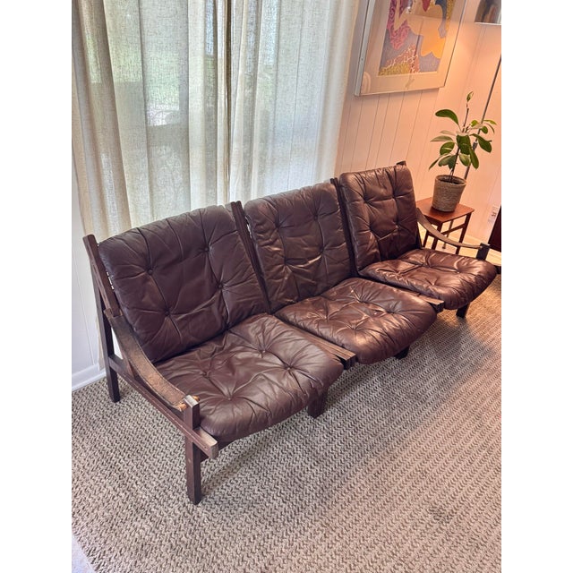 Beautiful Vintage Three Seat High Back “Hunter” Sofa in Leather Attributed to Torbjørn Afdal, Made in Norway, Circa 1960s For Sale - Image 10 of 12
