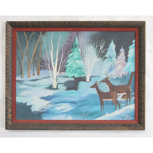 Wood Vintage Oil on Board Folky Deer Painting For Sale - Image 7 of 7