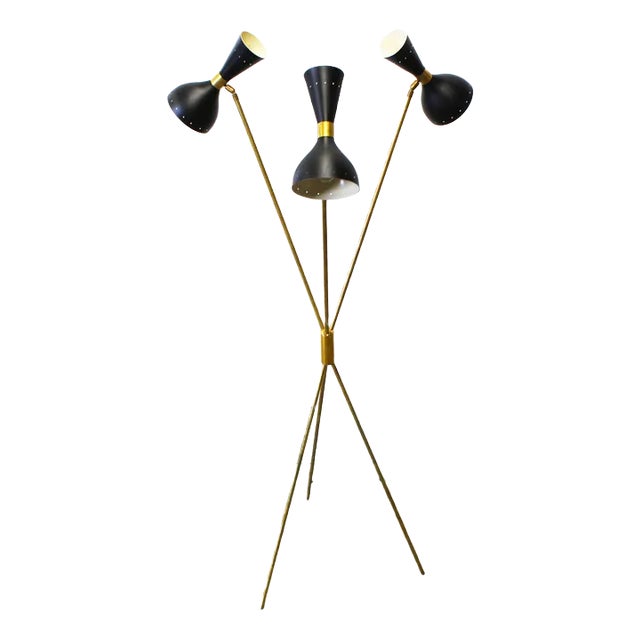 Mid-Century Italian Minimalist Black Brass Floor Lamp in the Style of Stilnovo, 1950s For Sale