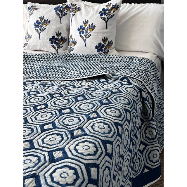 Contemporary Contemporary Queen Mandir Navy Blue Cotton Quilt For Sale - Image 3 of 5