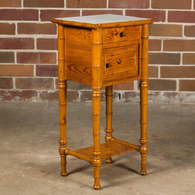 French 19th Century Pine Faux Bamboo Side Table with Marble Top, Door and Drawer For Sale In Atlanta - Image 6 of 12