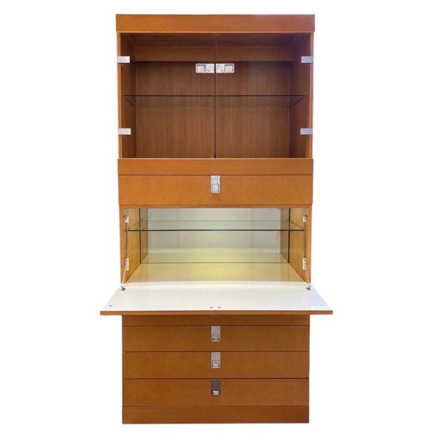 Baker Furniture Burl Wood/Glass Dry Bar/Cocktail Cabinet, 1970’s. Measures 83” tall 36” wide 19” deep. 2 Piece