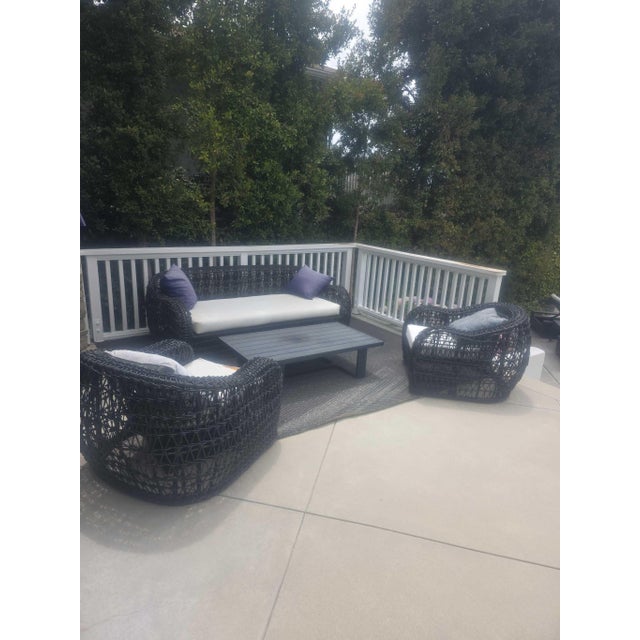 Modern Outdoor Wicker Patio Furniture Set - Sofa, 2 Chairs, Alegria Coffee Table & Cushions For Sale - Image 3 of 4
