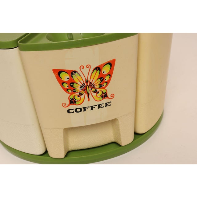 Vintage Sterilite Four Piece Canister Set With Lazy Susan Base in Cream and Green Plastic With Butterfly Motif For Sale - Image 14 of 17