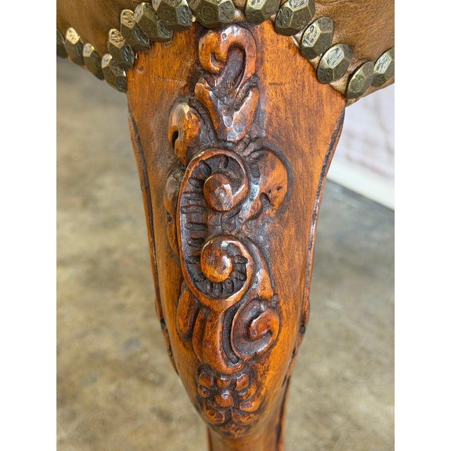 Antique French Louis XV Bench, Hand-Carved Wood & Brown Leather For Sale - Image 13 of 14