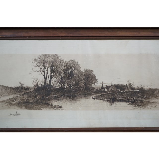 Late 19th Century Antique Panoramic Country Farmhouse Church Steeple River Landscape Etching 30" For Sale - Image 5 of 13