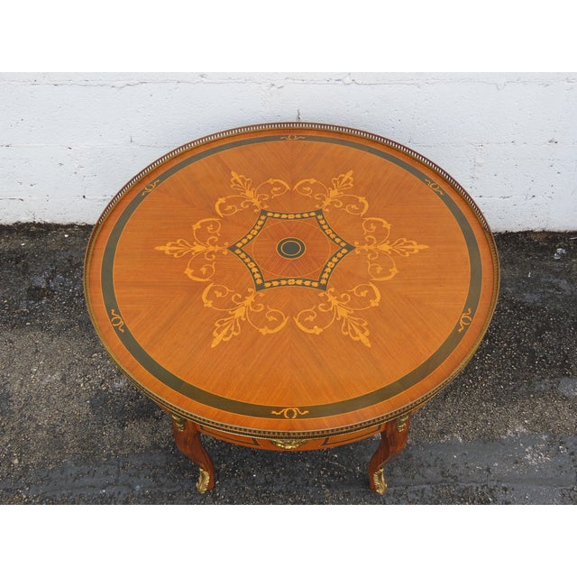 French Inlay Round Coffee Table With Brass Apron 6349 For Sale - Image 11 of 11