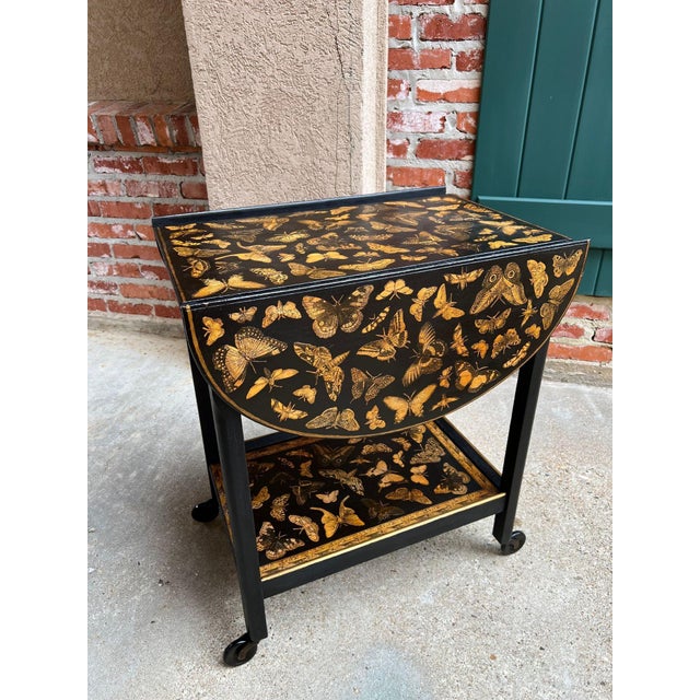 Vintage English Bar Cart Trolley Drop Leaf Chinoiserie Butterfly Lacquer Table For Sale - Image 13 of 18
