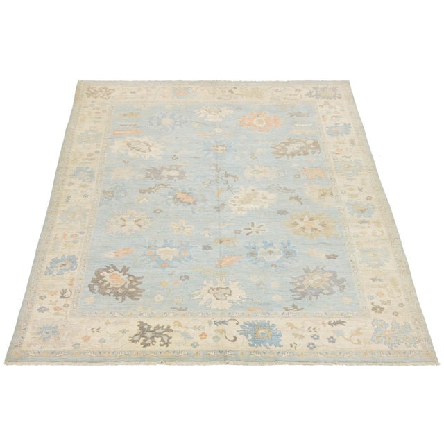 12x15 Modern Oushak Hand-Knotted Wool Area Rug – Soft Blue & Muted Earth Tones For Sale - Image 4 of 11