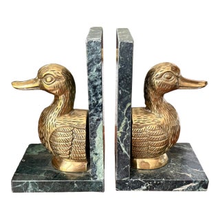 Late 20th Century Solid Brass Duck Bookends on Marble For Sale