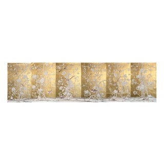 Chinoiserie Peony Mural Hand Painted Wallpaper on Gold Metallic - 6 Panels For Sale