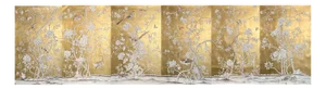 Chinoiserie Peony Mural Hand Painted Wallpaper on Gold Metallic - 6 Panels