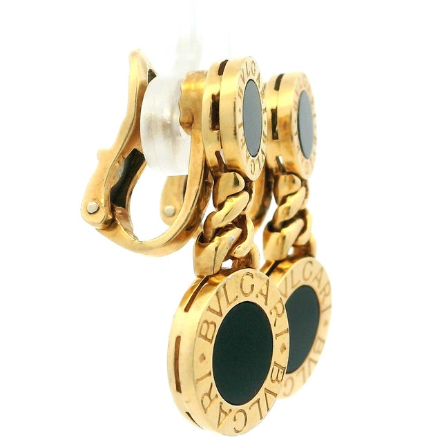Contemporary 1990s Pair of Bulgari Bvlgari 18k Gold Black Onyx Drop Clip Earrings For Sale - Image 3 of 14