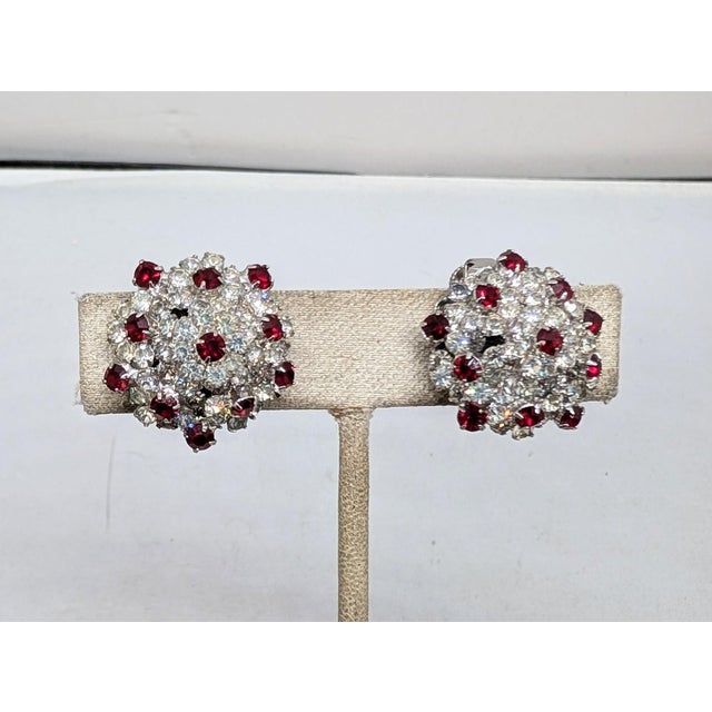 1960s Vintage 1960s Signed Vendome Rhodium Plated Clear & Faux-Garnet Clip Earrings-2 Pieces For Sale - Image 5 of 9